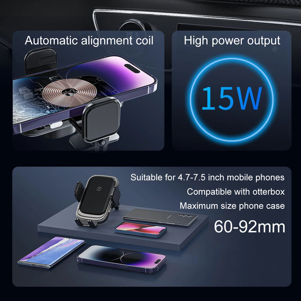 Soporte para teléfono móvil universal con cargador inalambrico de 15 watts para vehiculo (valores + IVA)