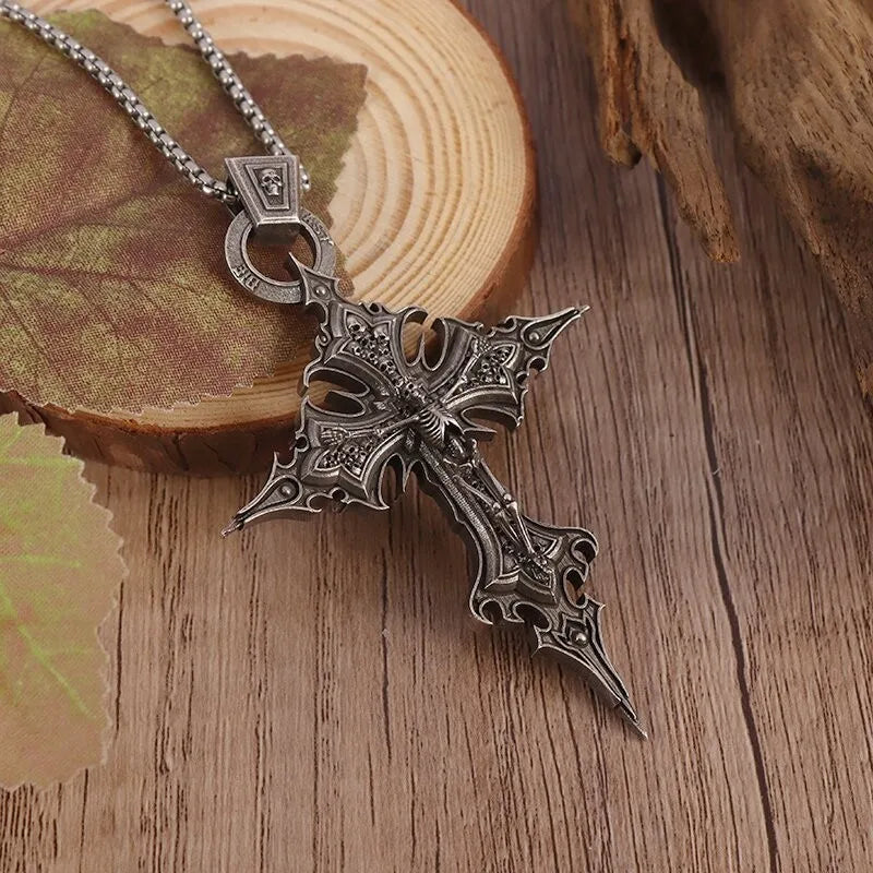 Gothic Crucifixion Skull Cross Pendant Necklace Catholic Prayer Jewelry for Men and Women Punk Trendy Jewelry