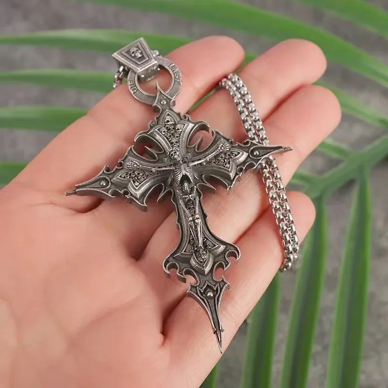 Gothic Crucifixion Skull Cross Pendant Necklace Catholic Prayer Jewelry for Men and Women Punk Trendy Jewelry